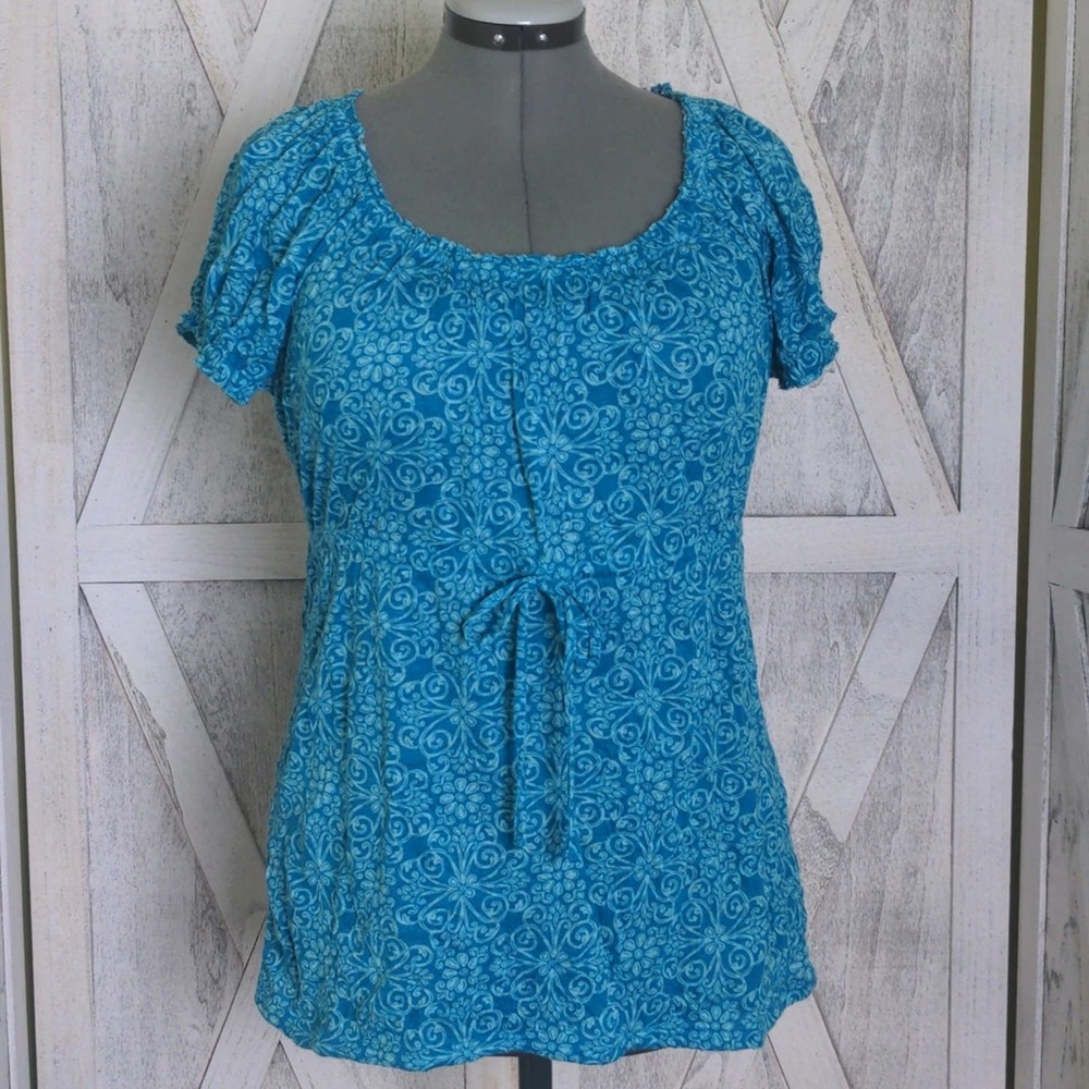 Elle Blue Floral Peasant Top  with Draw String Tie Waist Medium